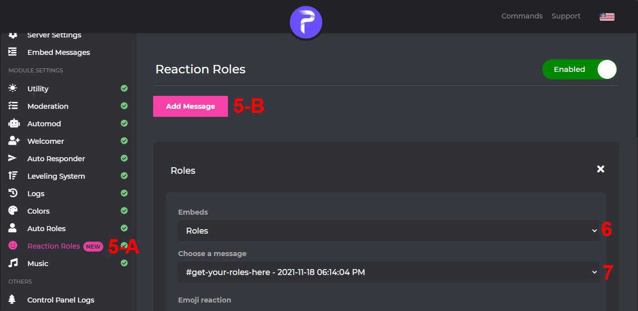 Adding reaction roles on probot dashboard