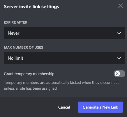 generate a new link button discord
