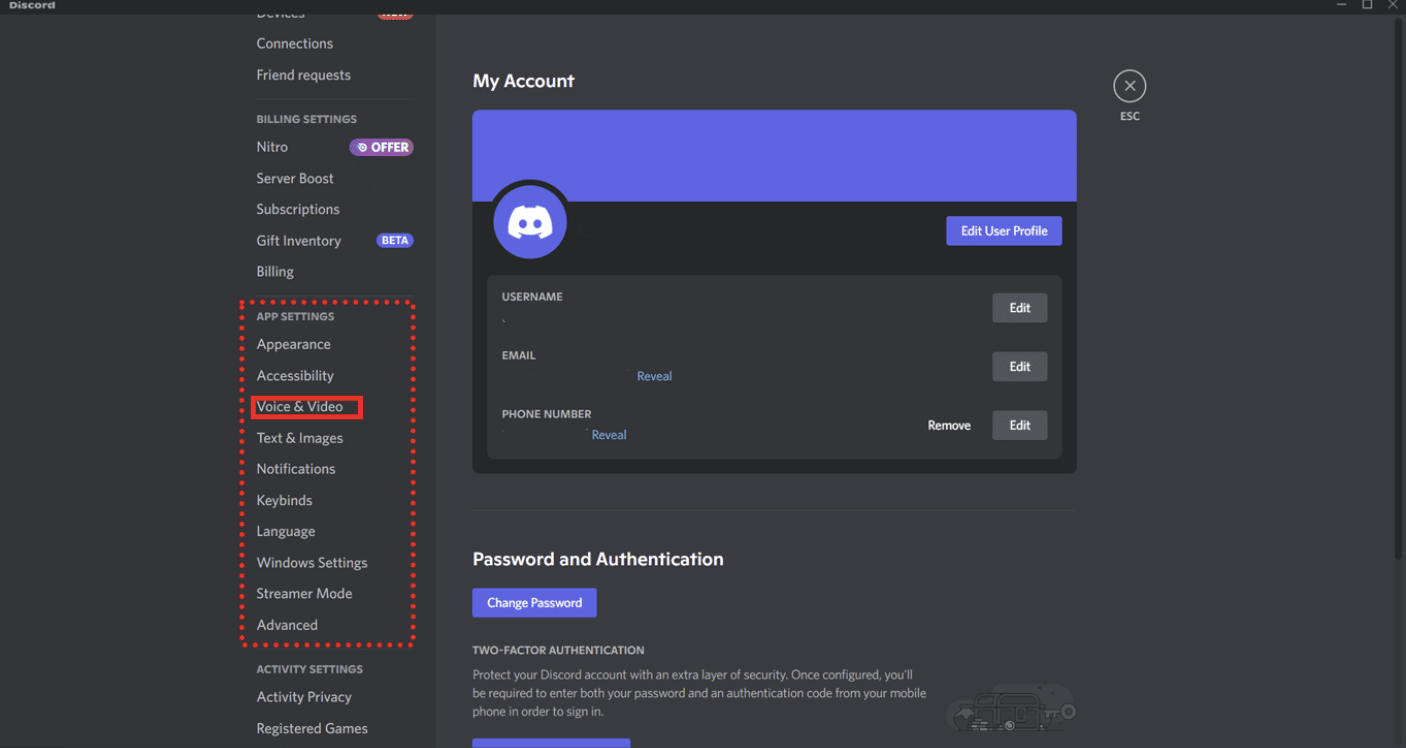 Accessing voice and Video settings on Discord