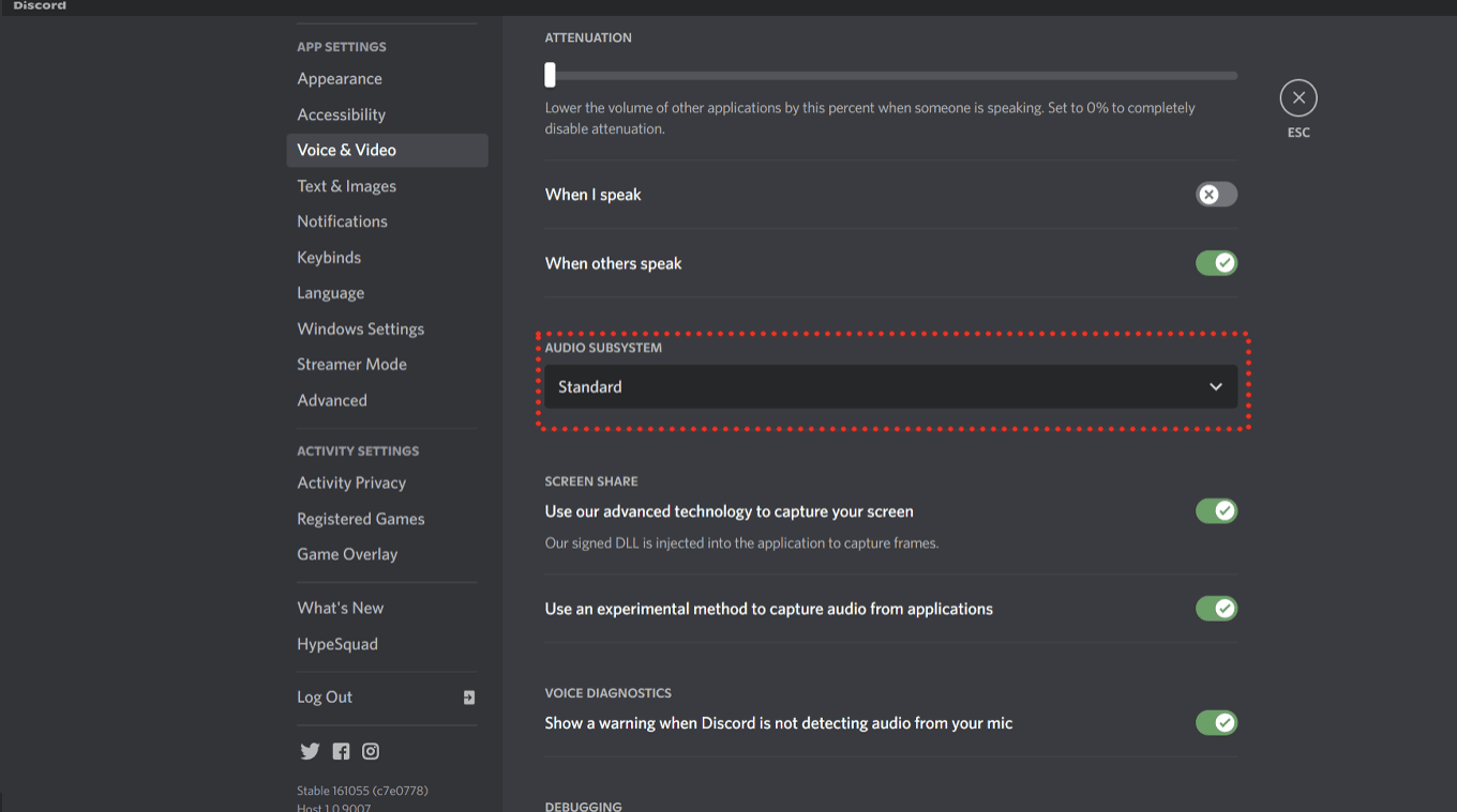 Changing your Discord's latest audio subsystem option