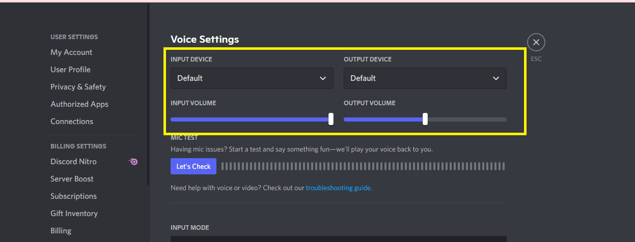 Click Voice & Video from the User Settings menu