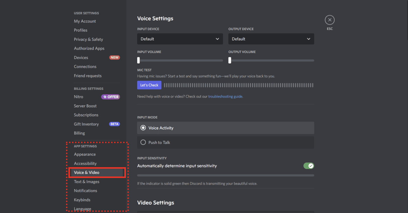 Discord settings for voice and video