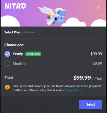 Nitro - $9.99 USD per month or $99.99 per year