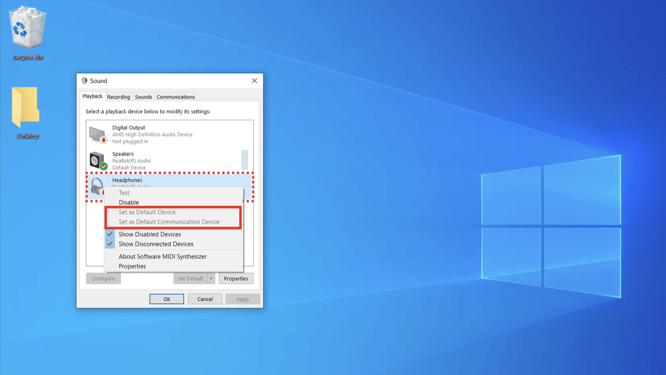 Select default communication device on Windows sounds settings