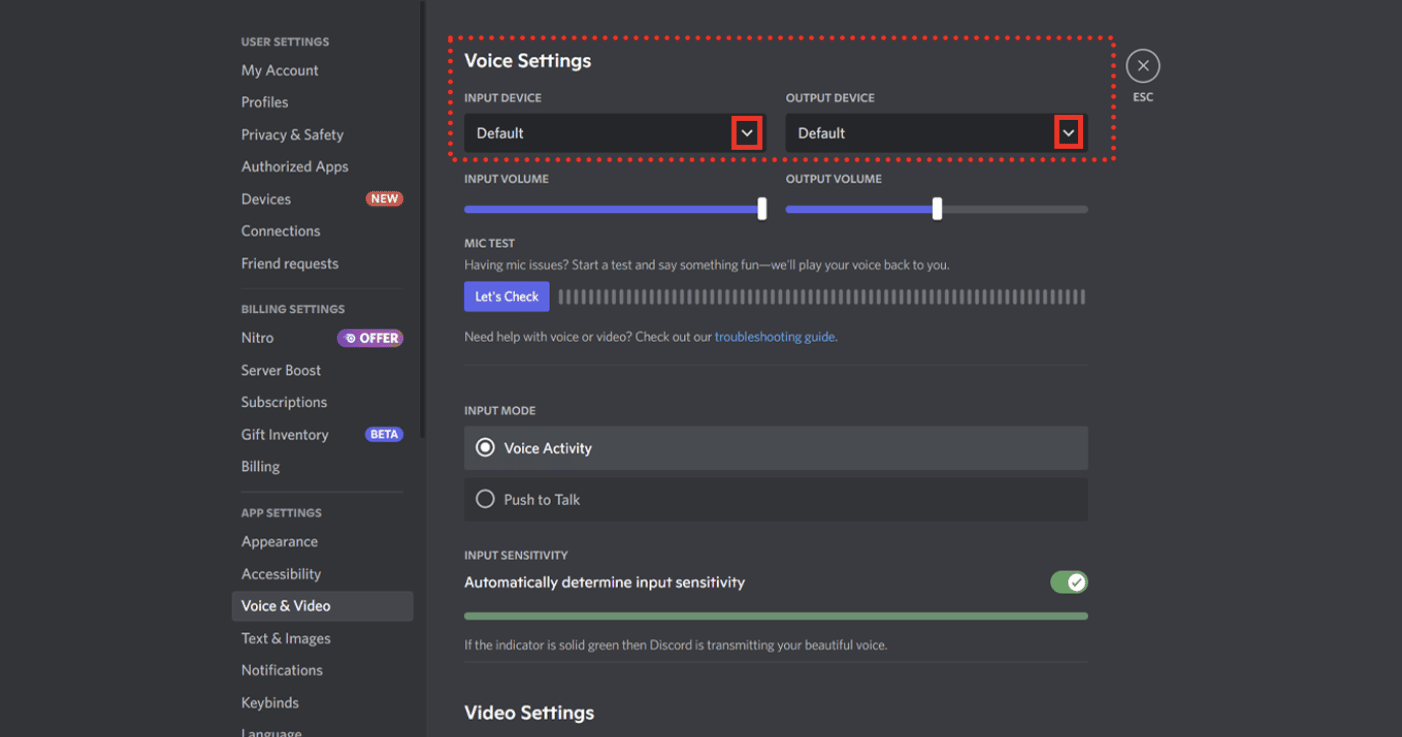 Selecting the default audio device as the primary input and output device on Discord