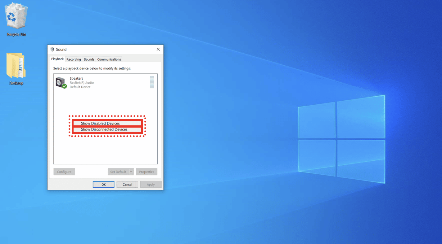 Showing disabled devices on Windows sound settings
