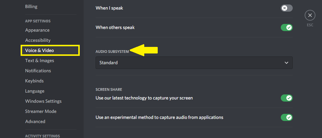 Voice & Video tab then find Audio Subsystem