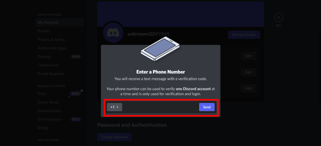 discord enter a phone number