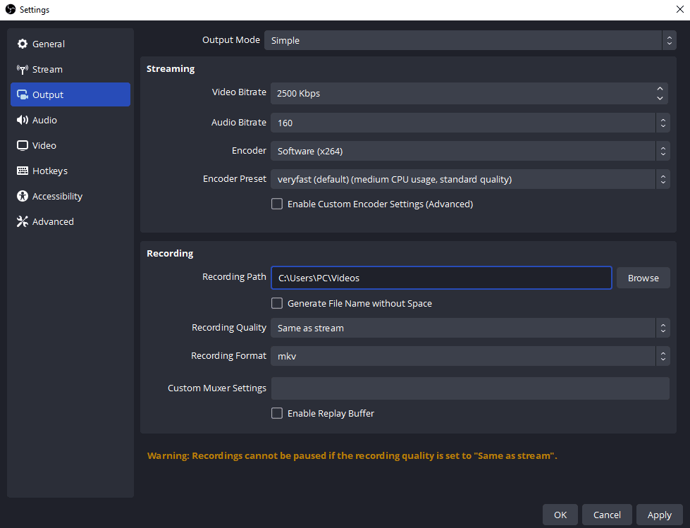 output settings obs