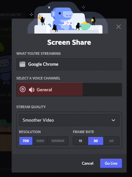 Choose the Discord server you want to live stream on