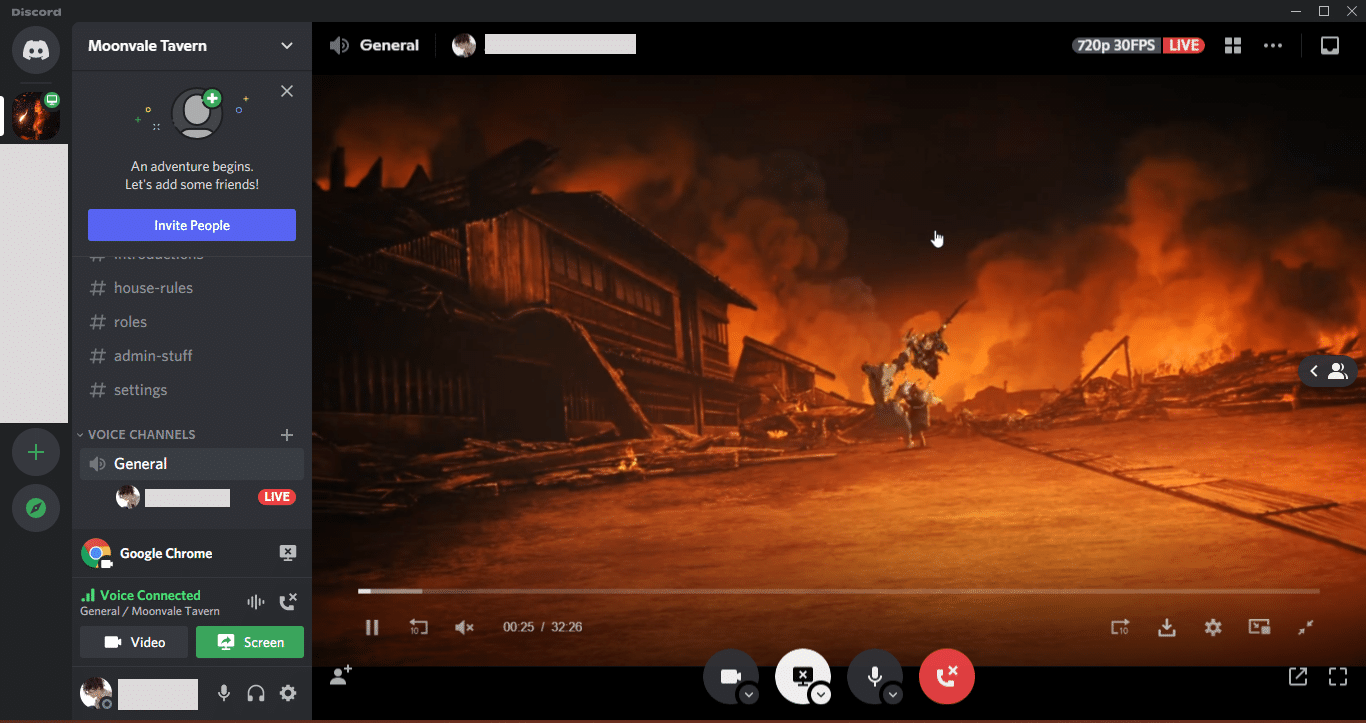 Here's what a fullscreen looks like when streaming a movie on Discord