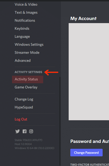 Scroll down on the navigation panel until you see the Activity Settings tab