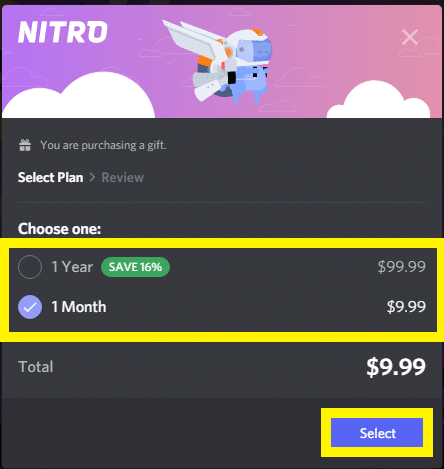 Select your nitro gift plan