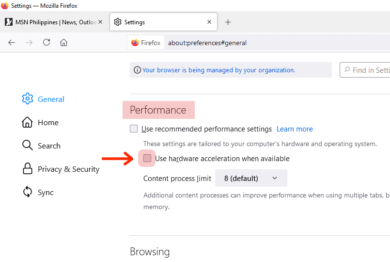 Uncheck the box with the Use hardware acceleration when available