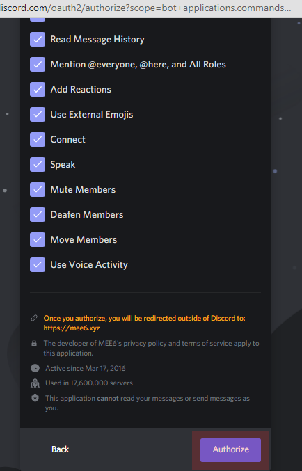 Check the boxes according to which permissions you want to grant the bot to