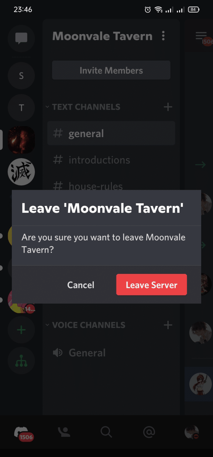 Confirm the decision by selecting 'Leave Server' popup.