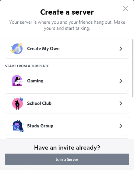 Discord offers a few templates when creating your new Discord server