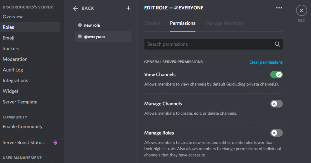 Roles and permissions can be set in server settings