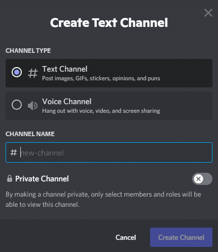 Select either text or voice and type the channel name