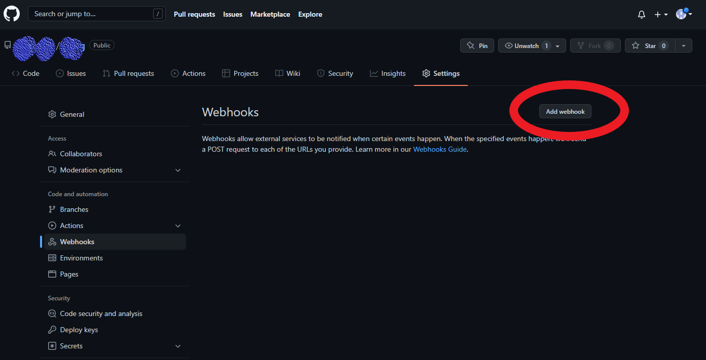 The Add webhook button can be found here.