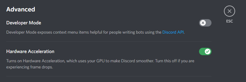 toggle off hardware acceleration on Discord