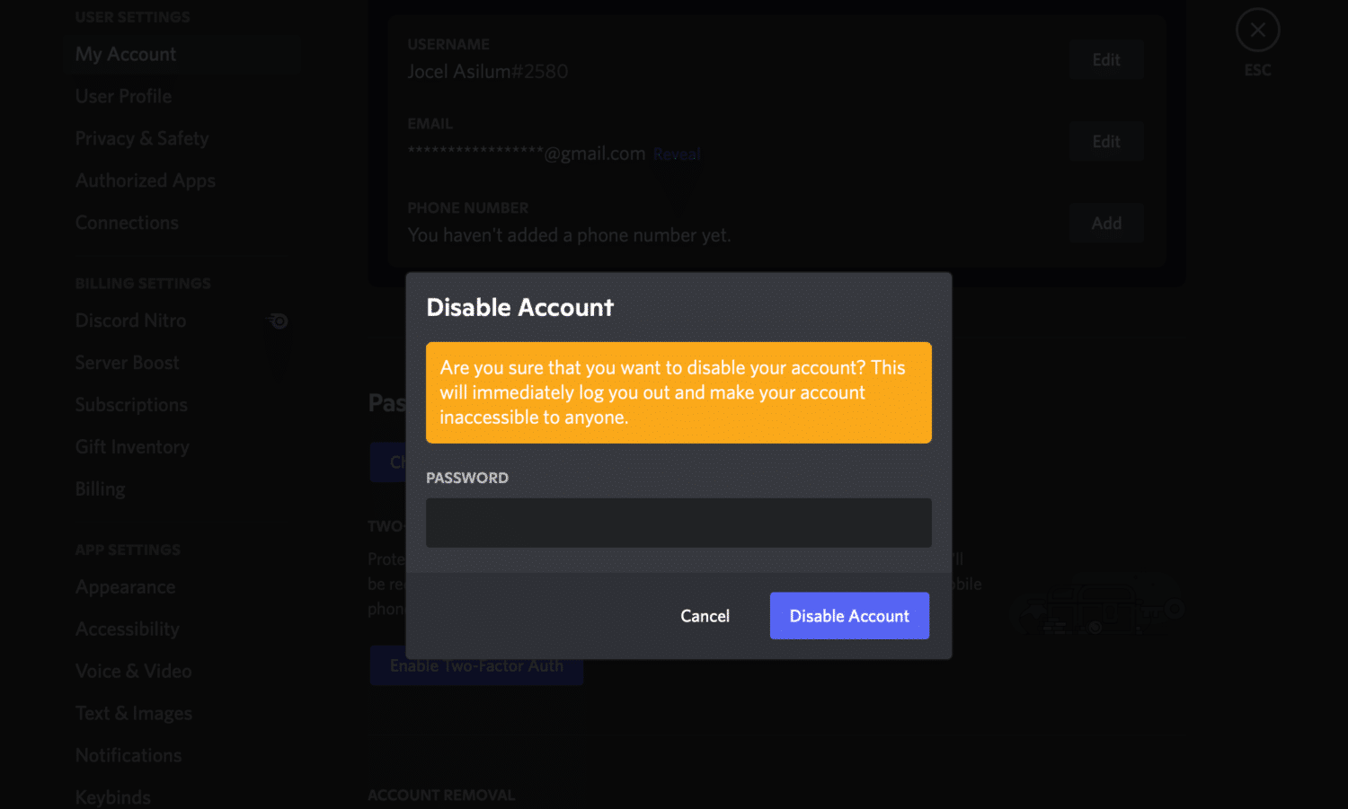 confirm disable account