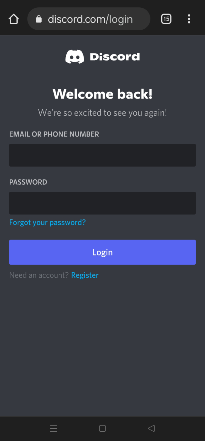 discord login page on phone