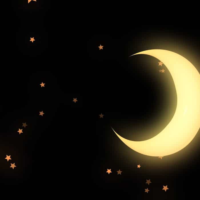 Golden glowing crescent and many stars on black background, night sky. Animation. Beautiful yellow half moon and many small strars on black background.