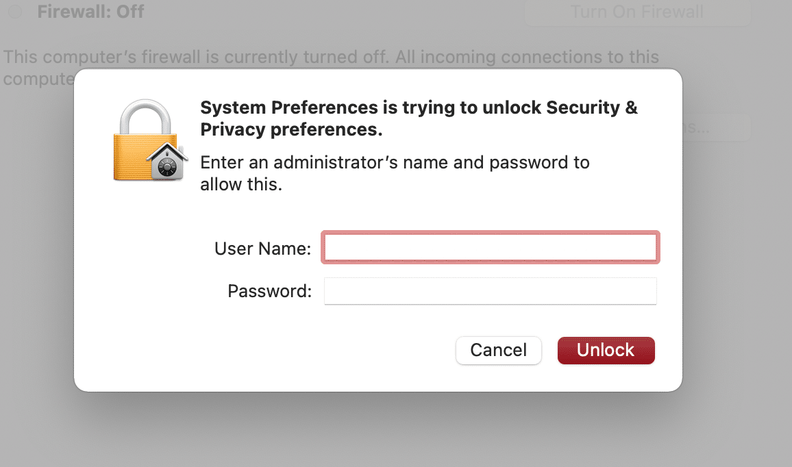 system preferences input username and password
