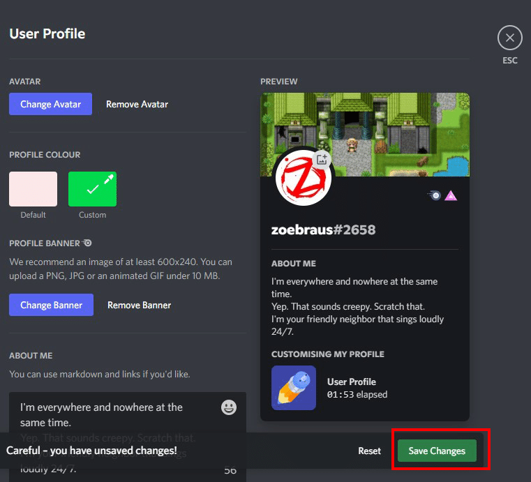 user profile save changes