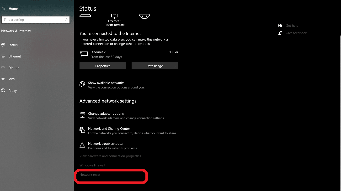 windows settings network reset