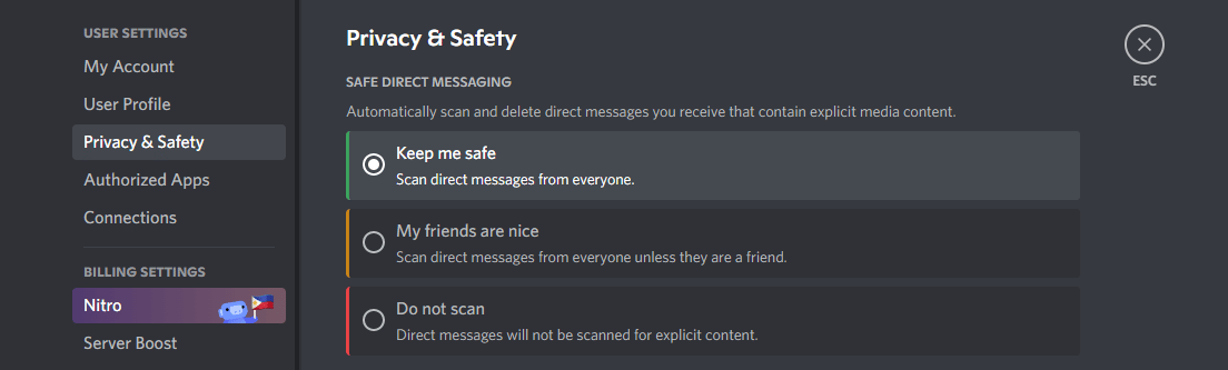 Discord privacy and safety tab
