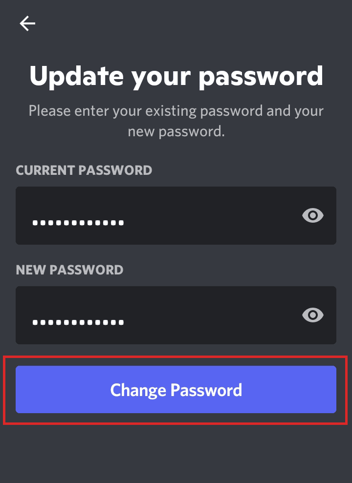 discord mobile update your password