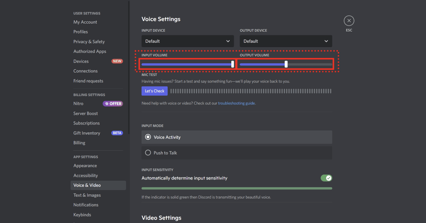 Adjusting the volume of your input and output devices on Discord