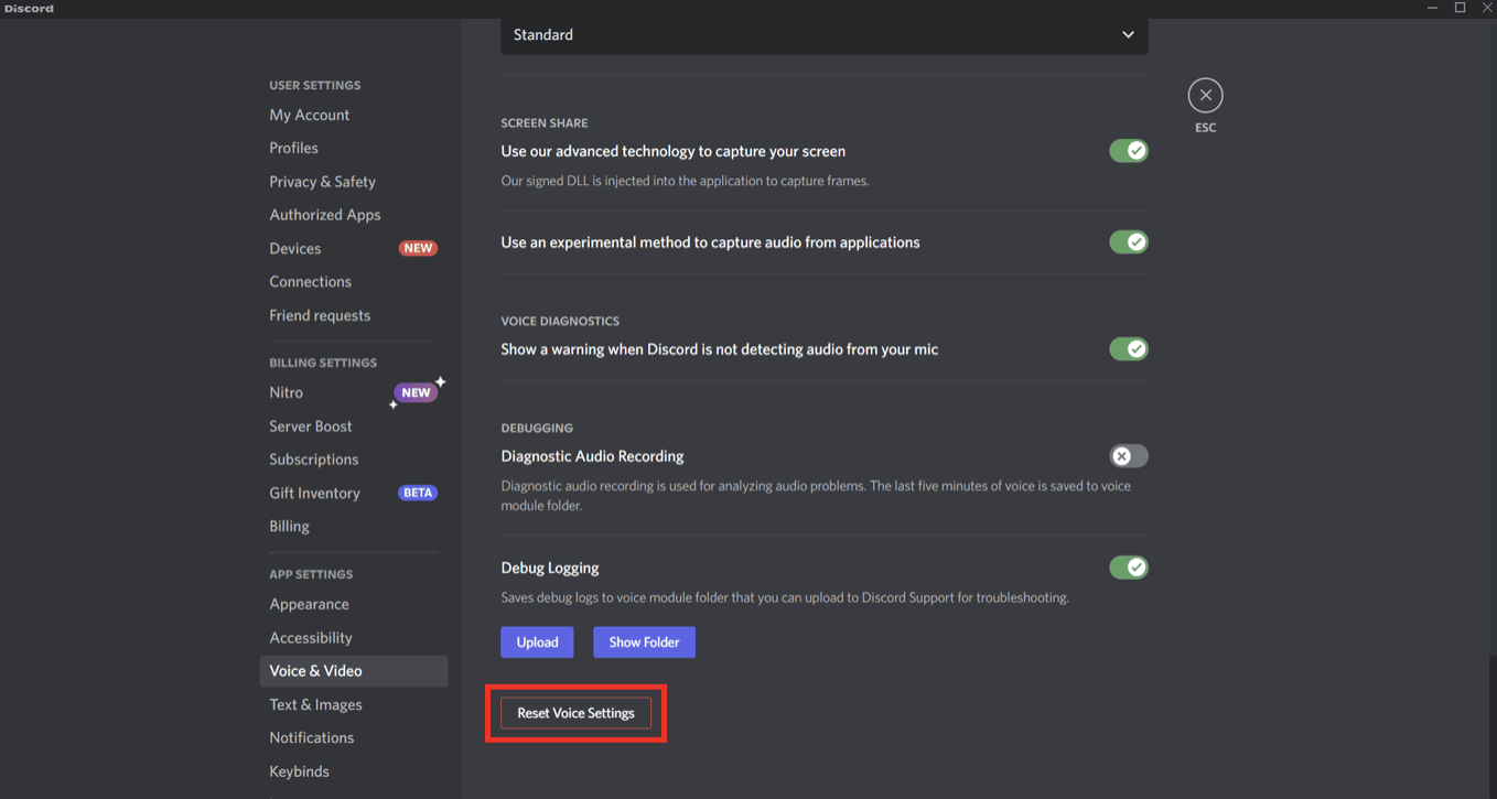 Resetting voice settings on Discord