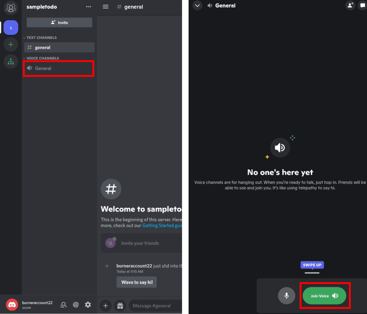 Joining a voice channel on Discord mobile