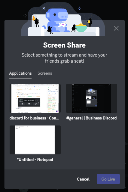 Select application to screen share