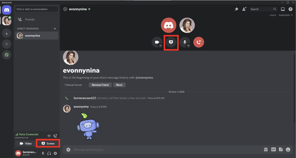 Sharing your screen on a Discord private call