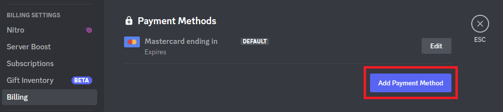 Add a payment method to Discord